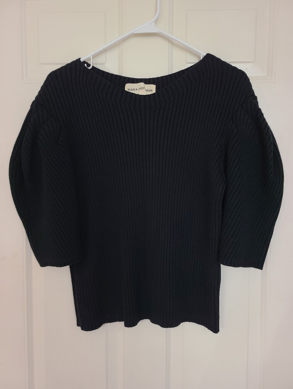 MARA HOFFMAN Inga Sweater Top Puff Sleeve Size S Boat Neck Ribbed Black
